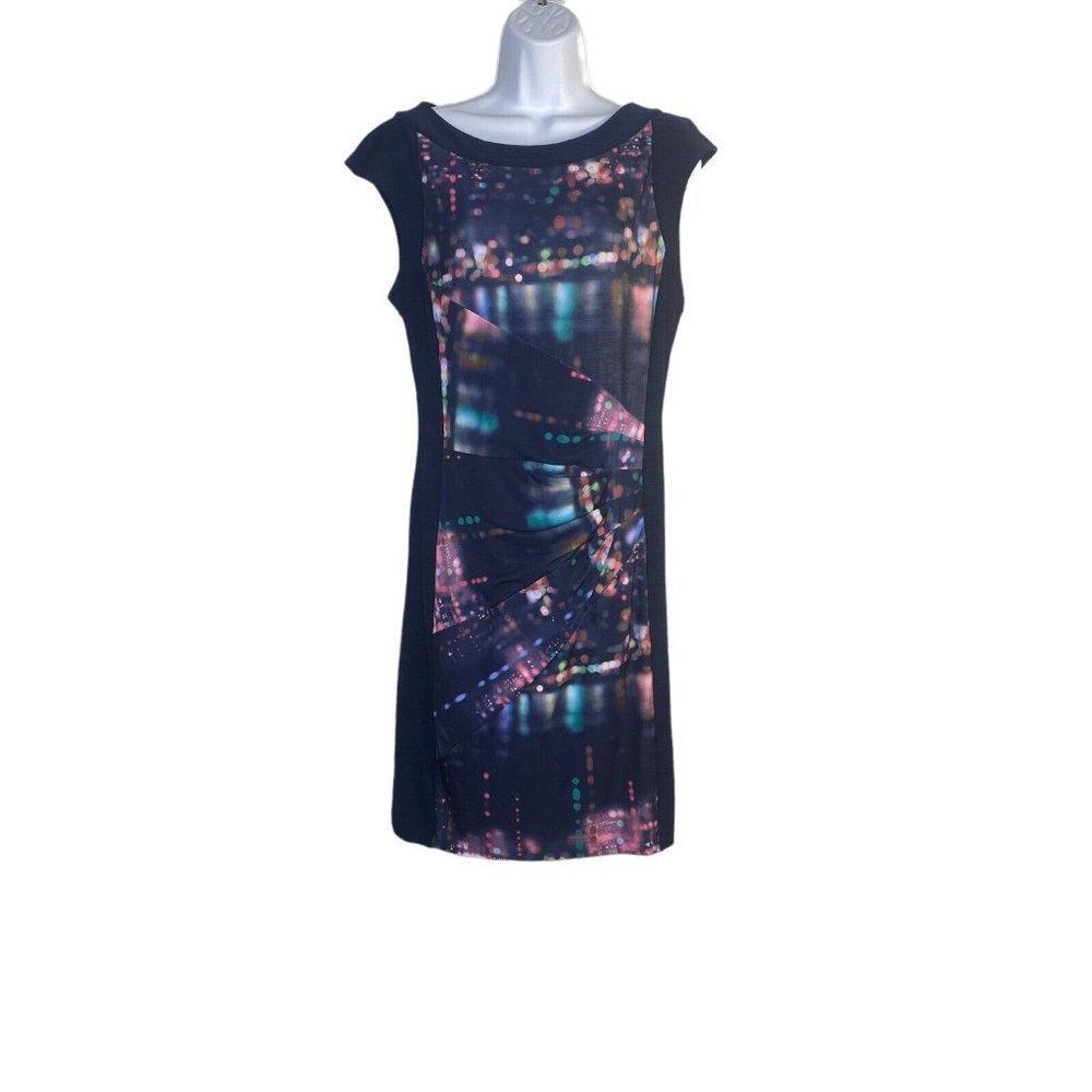 Alex And Ava By Komarov Woman’s Sheath Abstract Blue Multi Cap Sleeve Dress Sz L